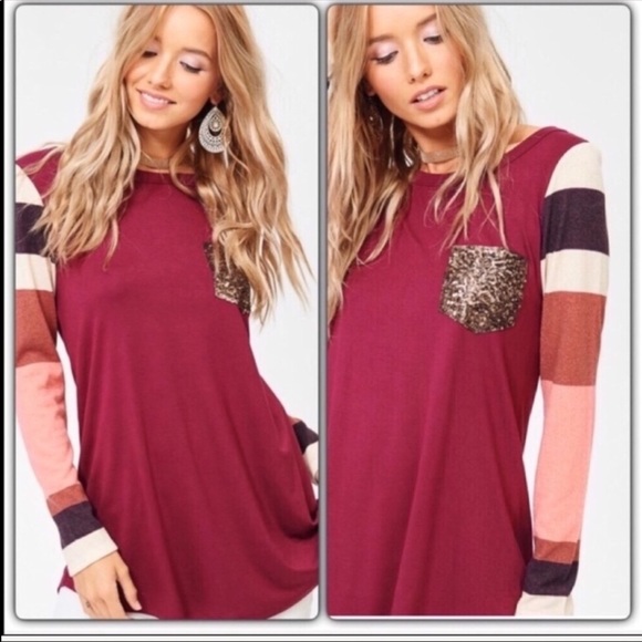 Sequined Pocket Long Sleeve Colorblock Blouse - Picture 2 of 5